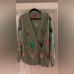Queen of Sparkles Green Cardigan with Multicolor Deer Pattern